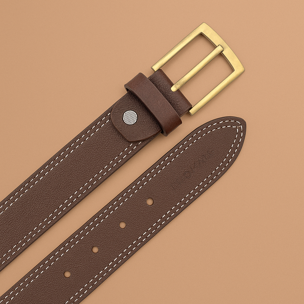 Men Brown Side Thread Leather Belt