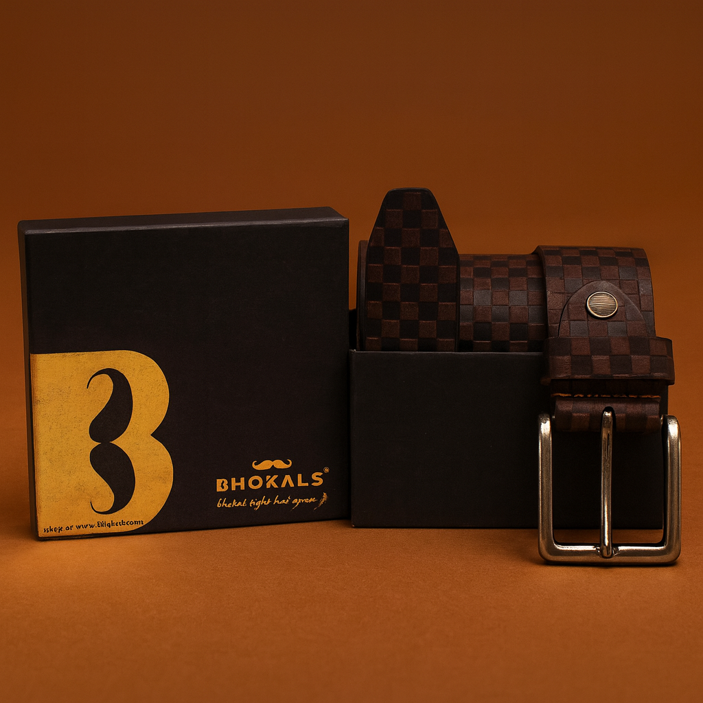 Bhokals Men Brown Chess Plub Leather Belt