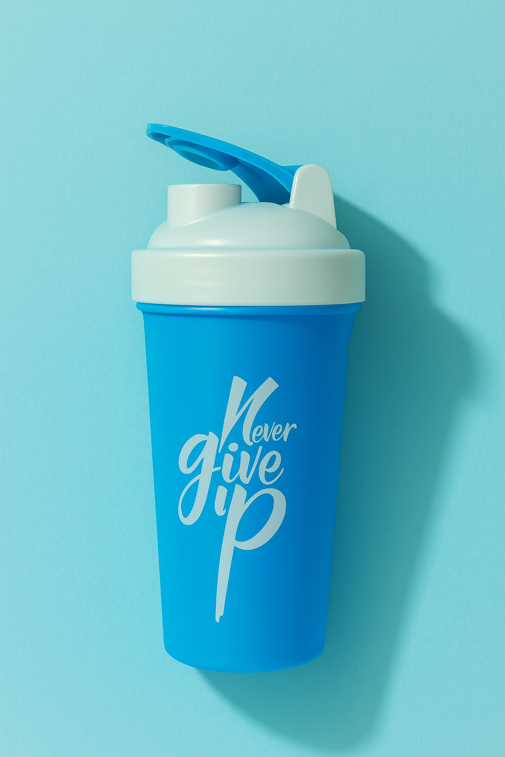 Never Give Up Printed White Blue Gym Shaker