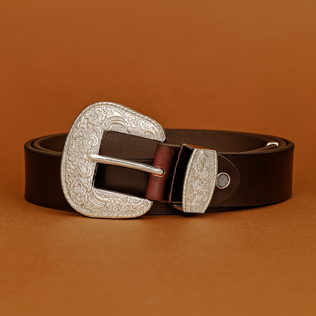 Bhokals Maharaja Men  Silver Buckle  Brown Leather Belt