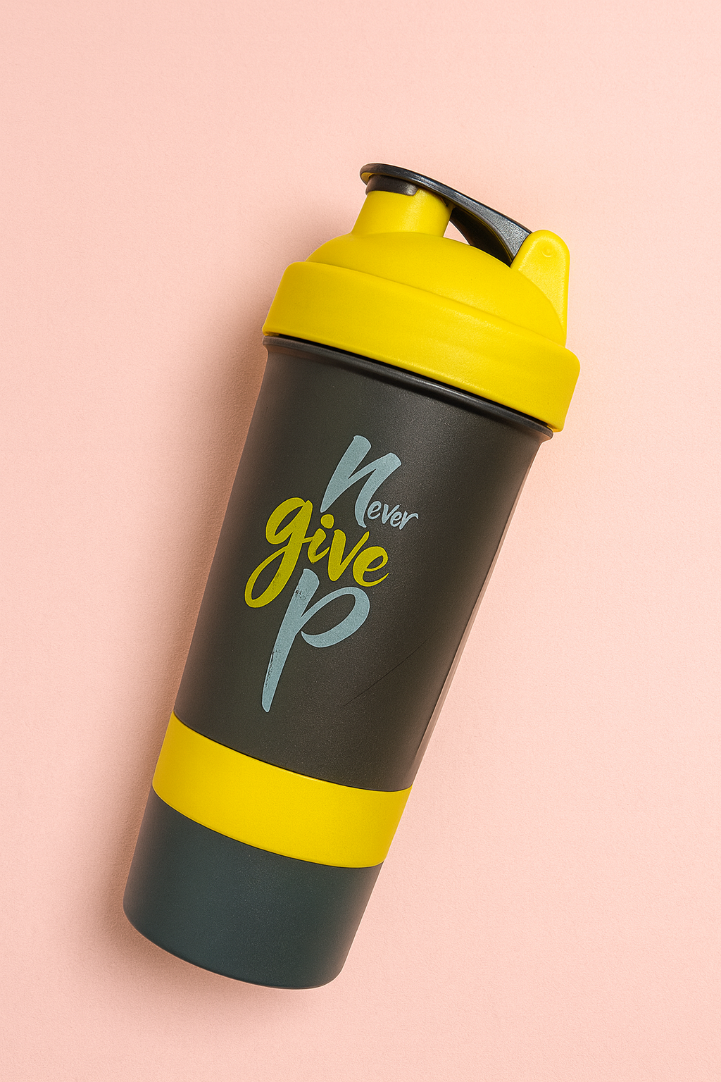 Never Give Up Printed Yellow Black 3 in 1 Gym Shaker