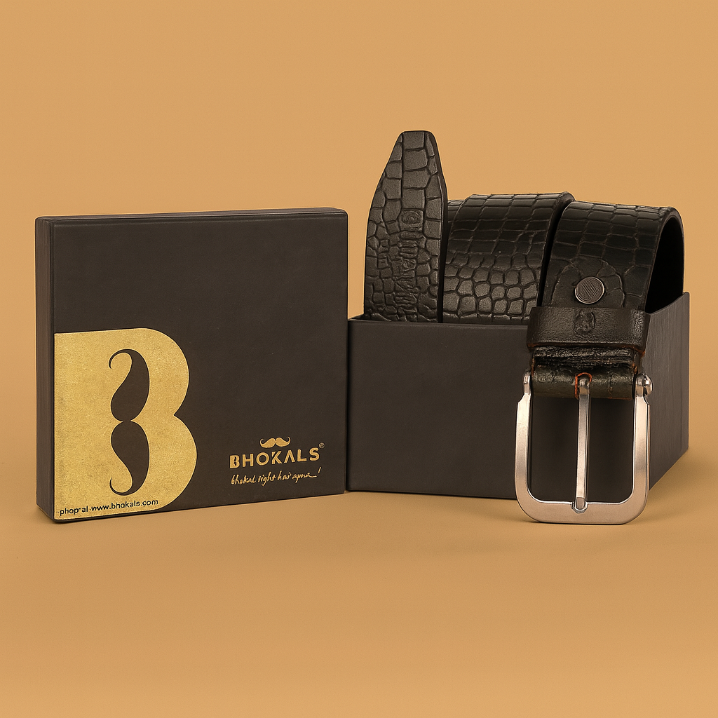 Bhokals Men Black Crocs Texture Leather Belt
