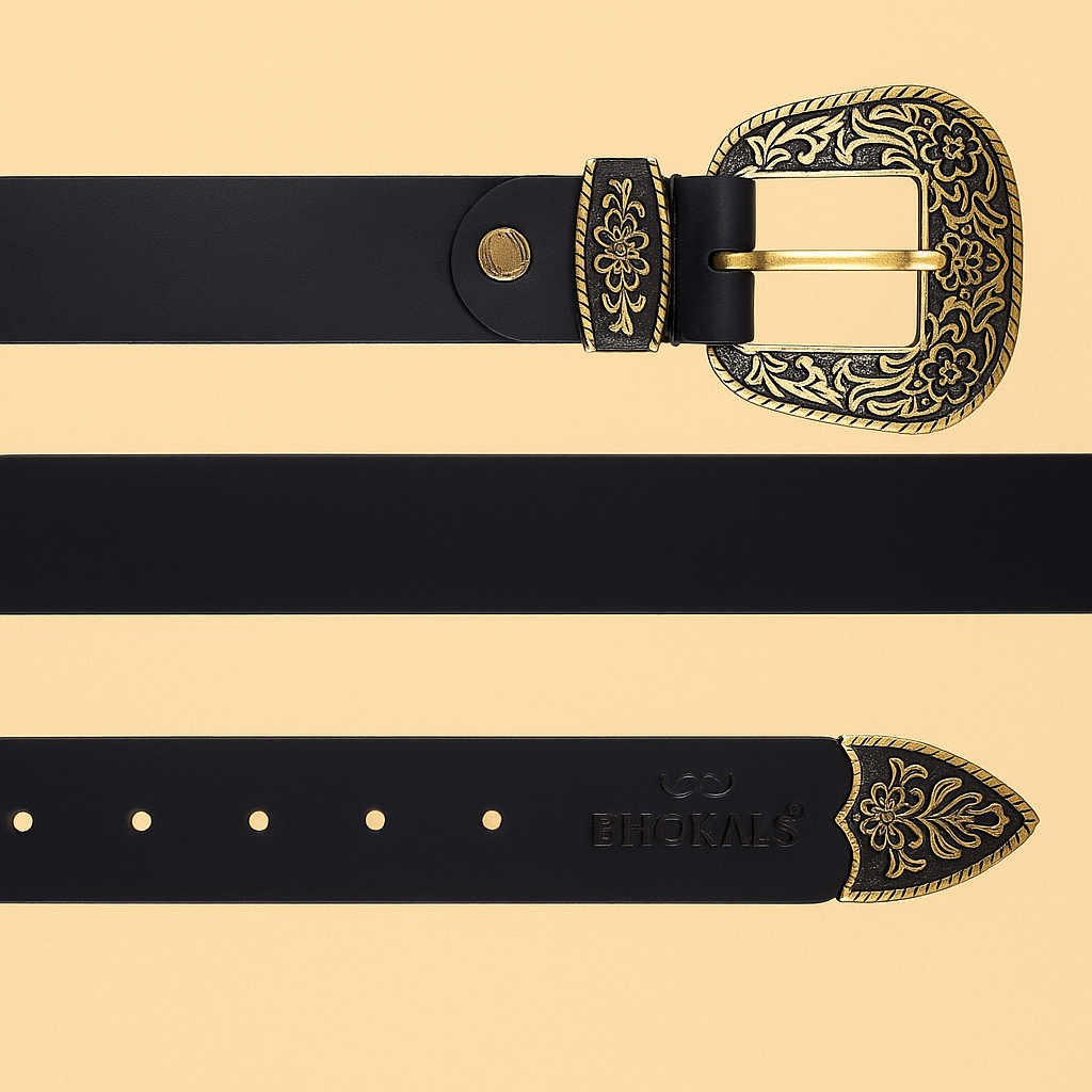 Maharaja Men Golden Buckle Black Leather Belt