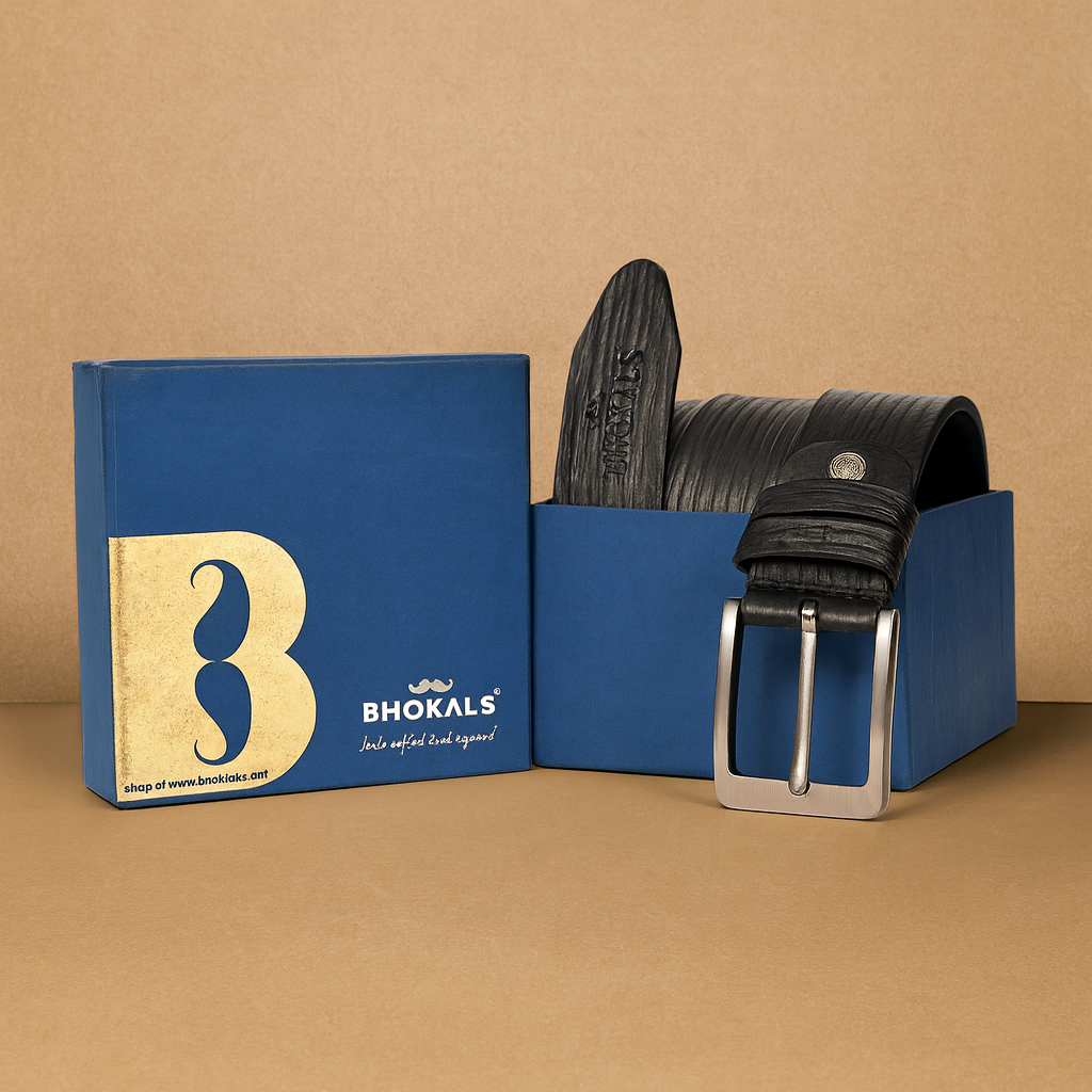 Bhokals Men Black  Wood Texture Leather Belt