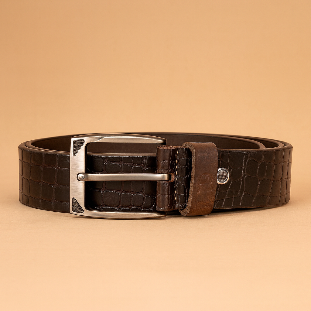 Bhokals Men Brown Crocs Texture Casual Leather Belt