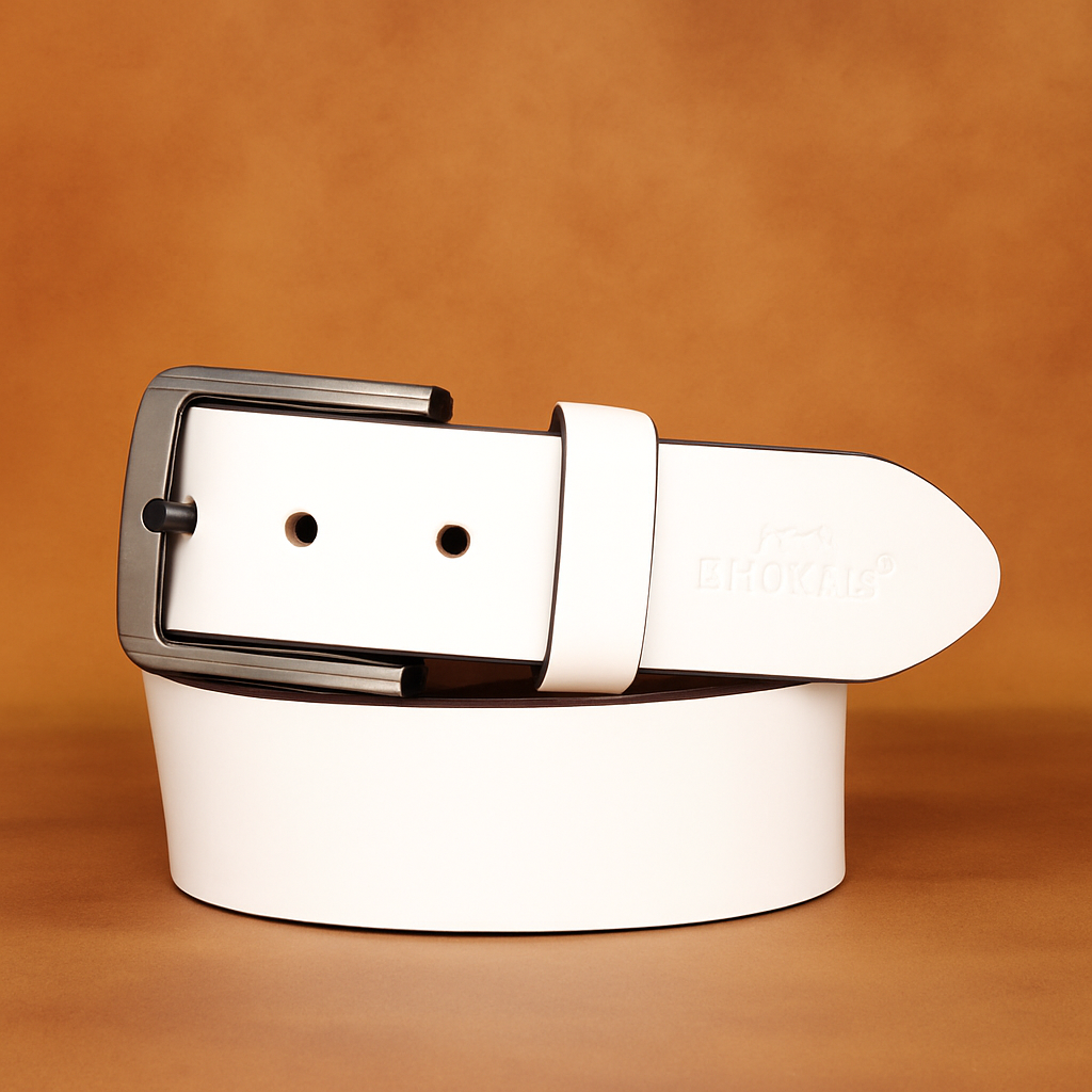 Bhokals Men White Grain Leather Belt