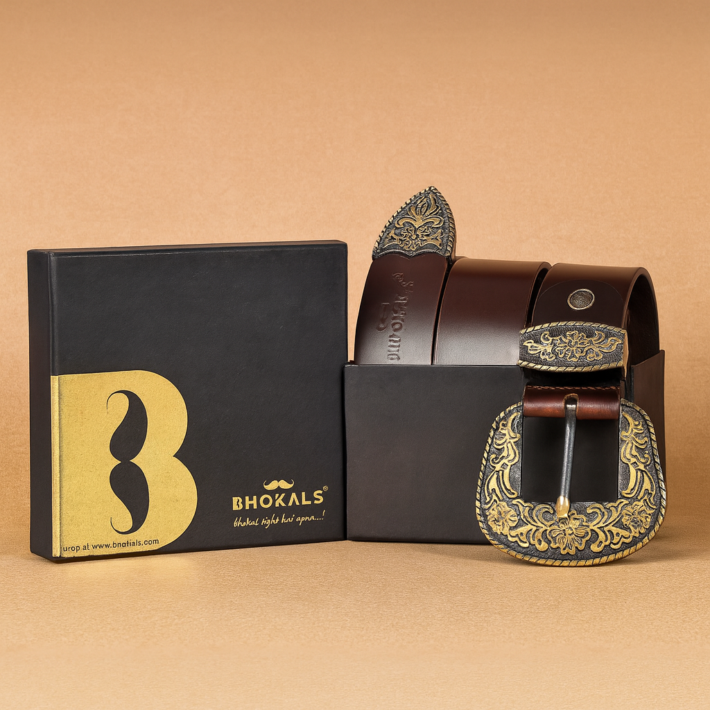 Bhokals Maharaja Men Golden Buckle Brown Leather Belt