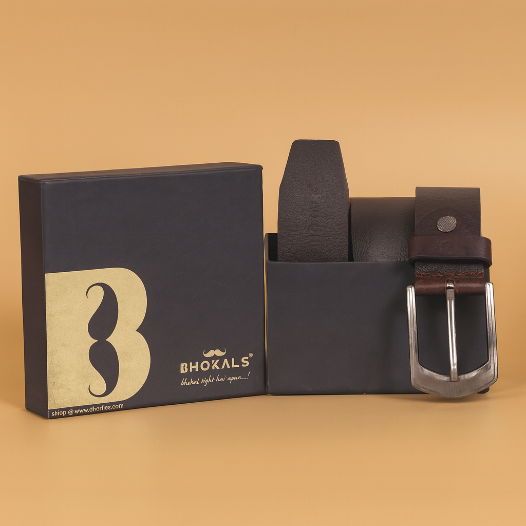 Bhokals Men Chocolate Brown Grain Leather Belt
