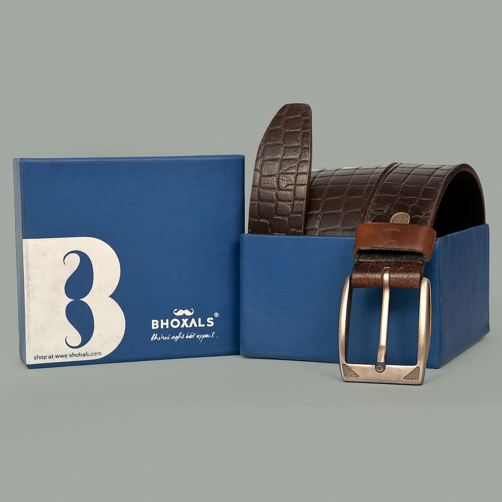 Bhokals Men Brown Crocs Texture Casual Leather Belt