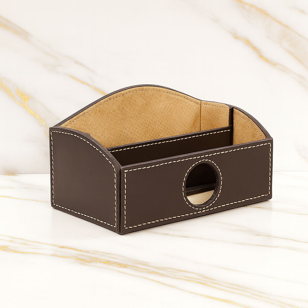 Leather Brown Table Top Document Container