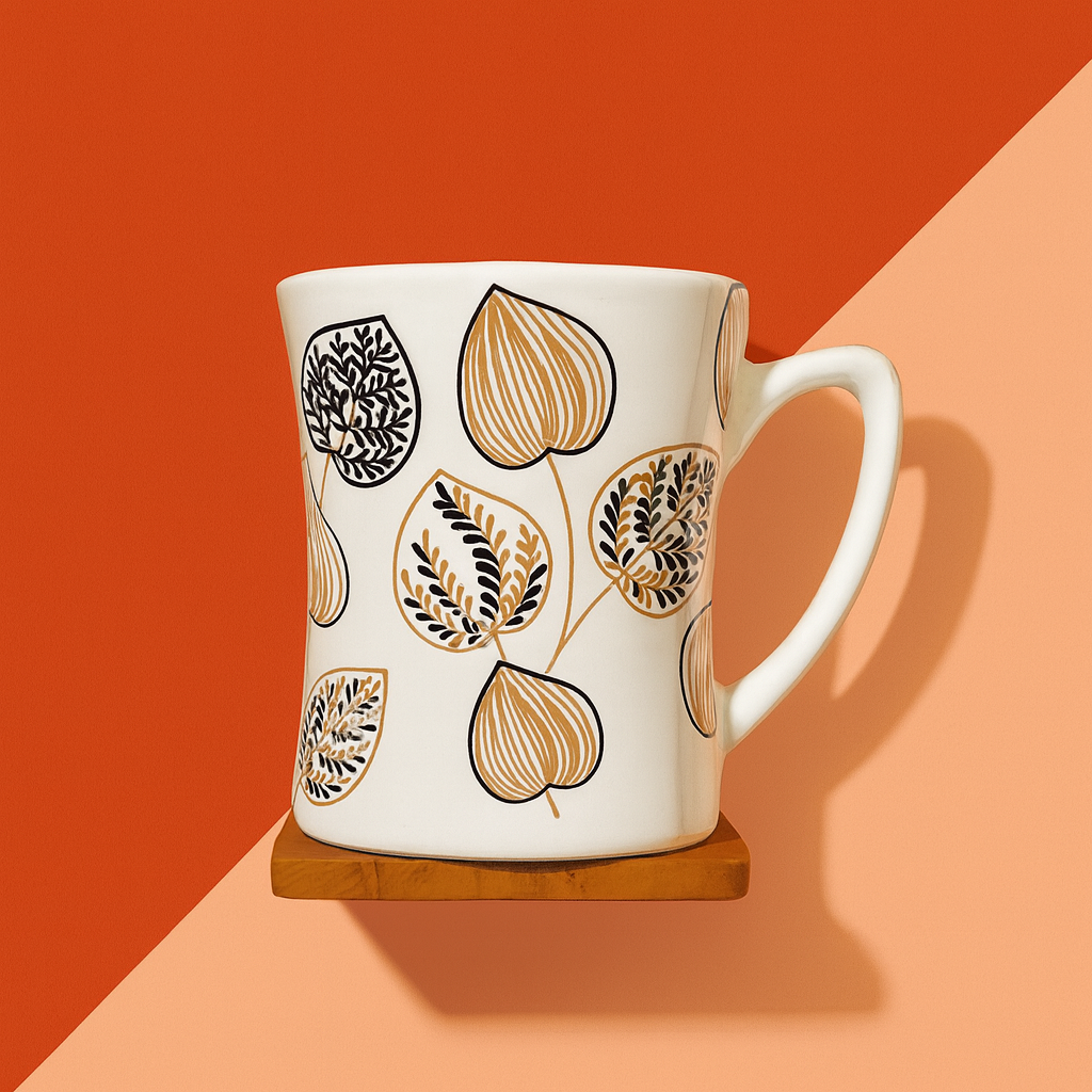 Bhokals  Brown Leaf Printed White Coffee Mug