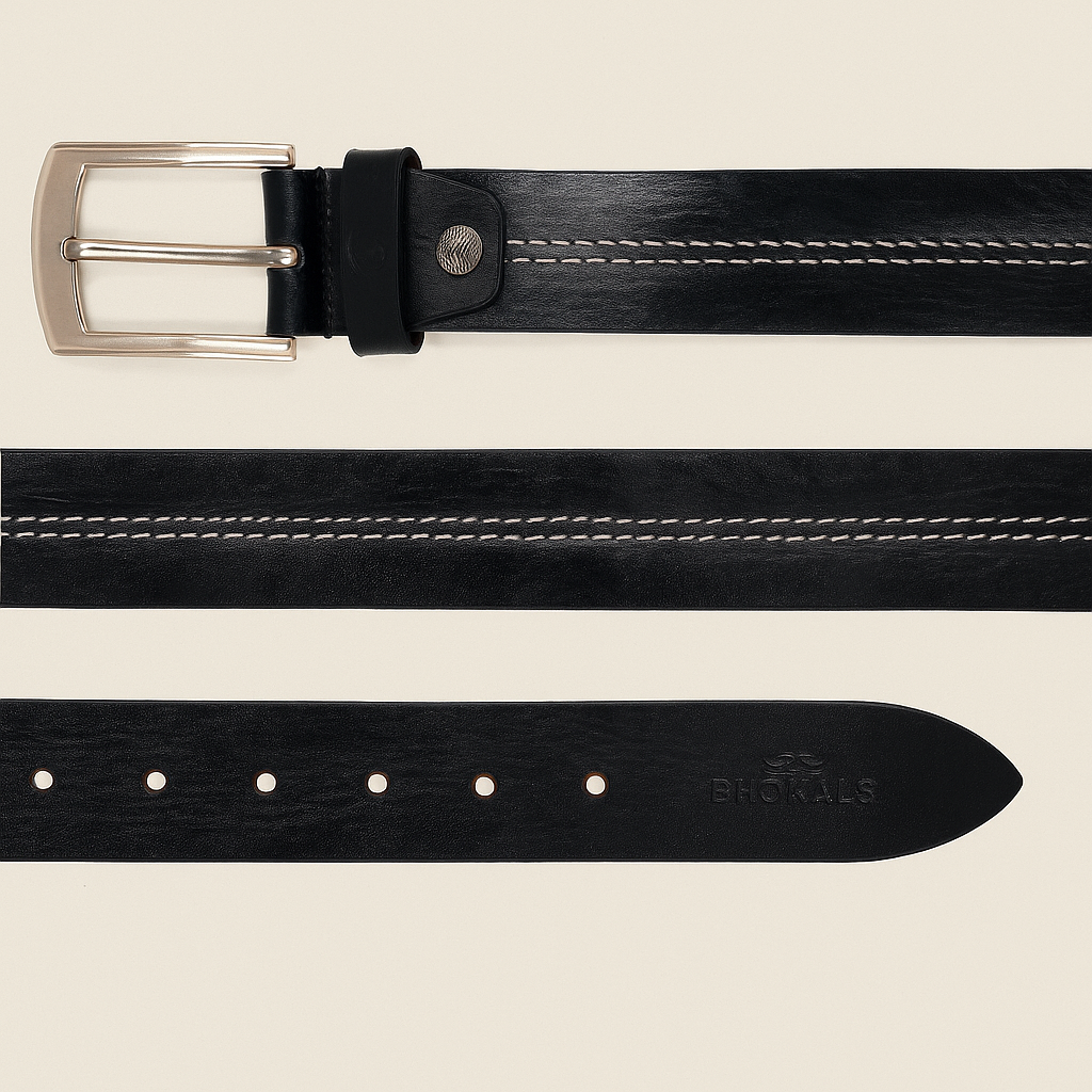 Men Black Middle Thread Leather Belt