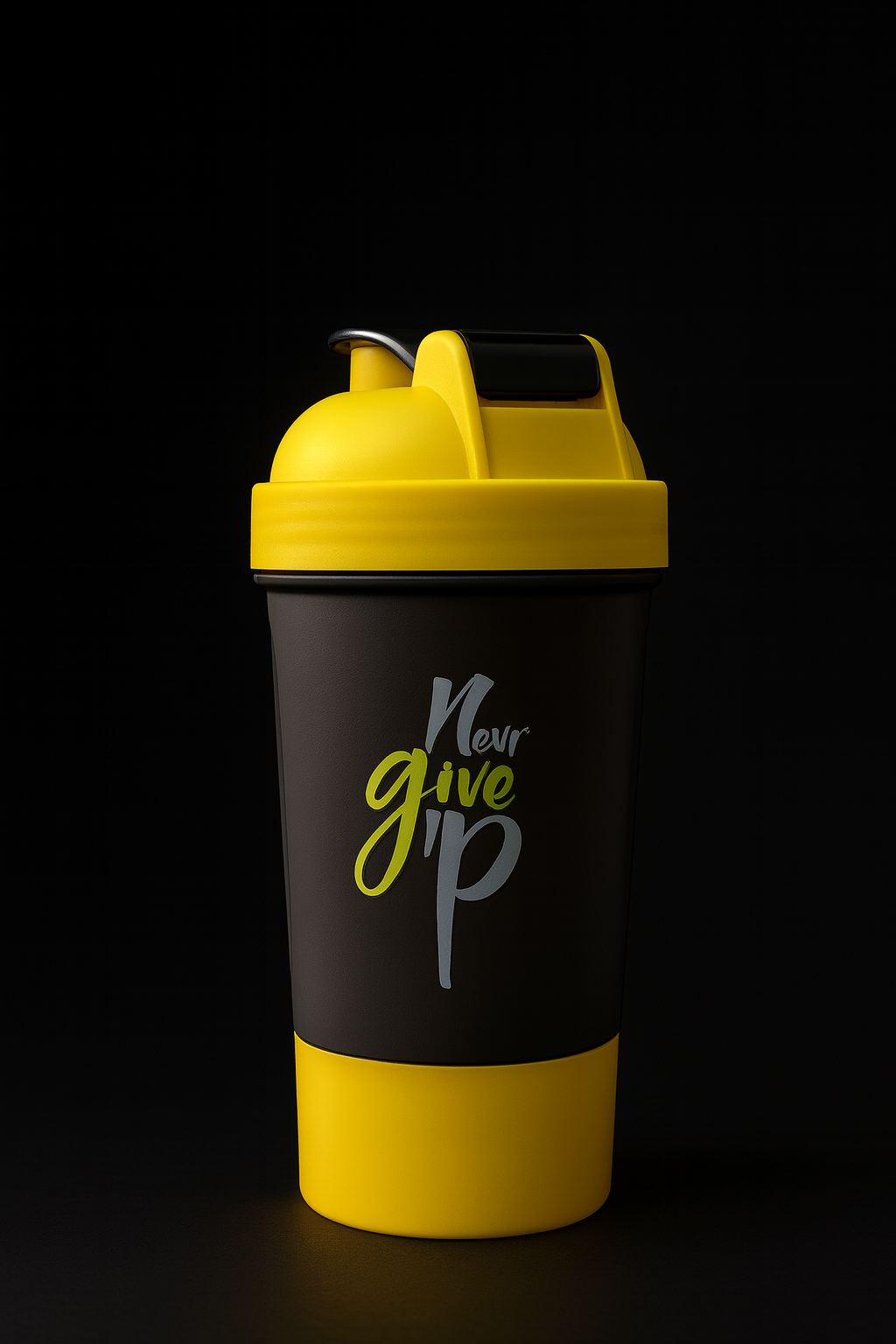 Never Give Up Printed Yellow Black Gym Shaker