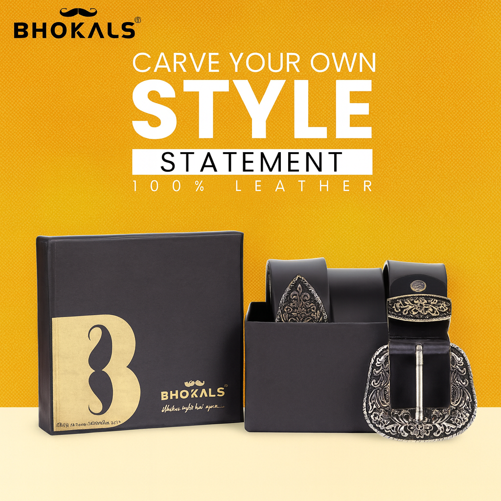 Bhokals Maharaja Men Silver Buckle Black Leather Belt