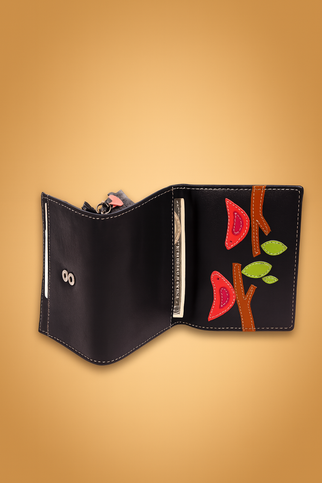 Leather Solid Black Red Bird Women Wallet