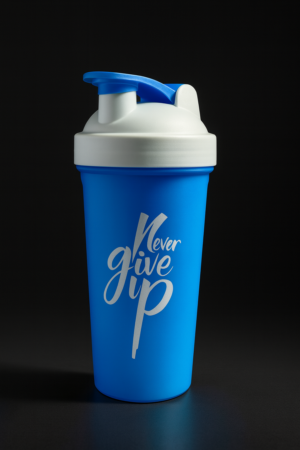 Never Give Up Printed White Blue Gym Shaker