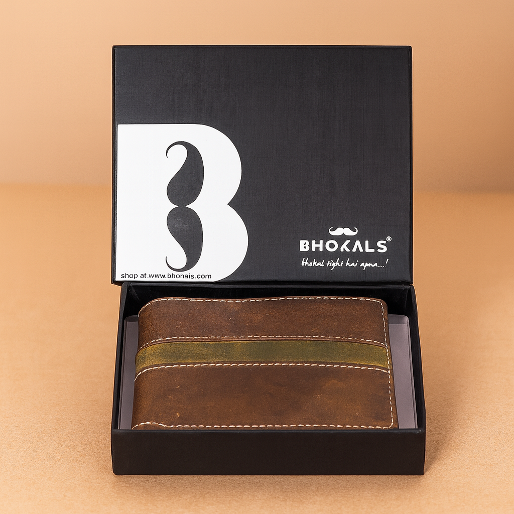 Leather Brown Green Strip Men Wallet