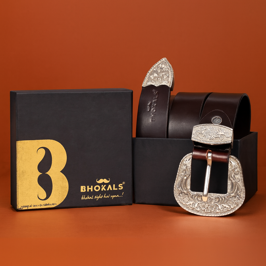 Bhokals Maharaja Men  Silver Buckle  Brown Leather Belt