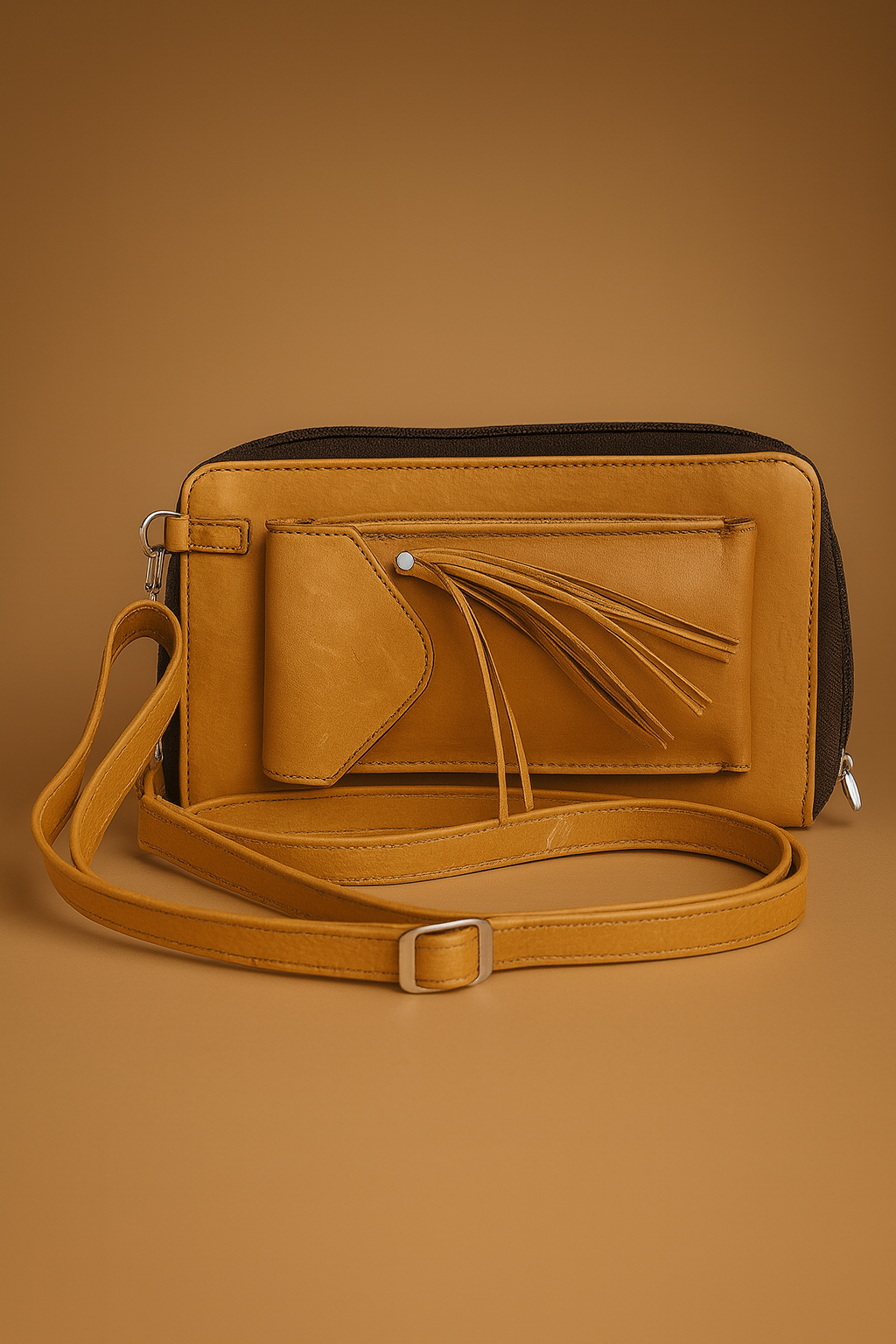 Leather Solid Tan Cross Tussel Women Wallet