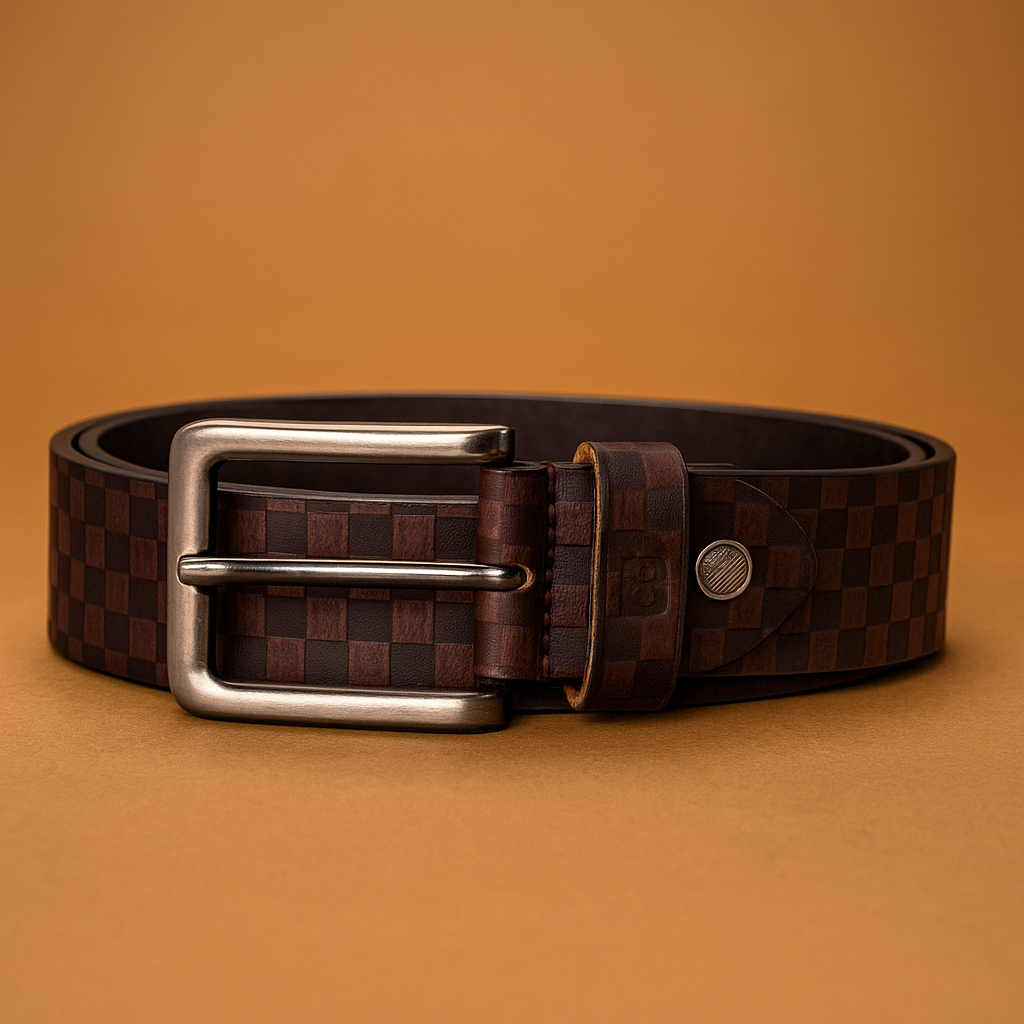 Bhokals Men Brown Chess Plub Leather Belt