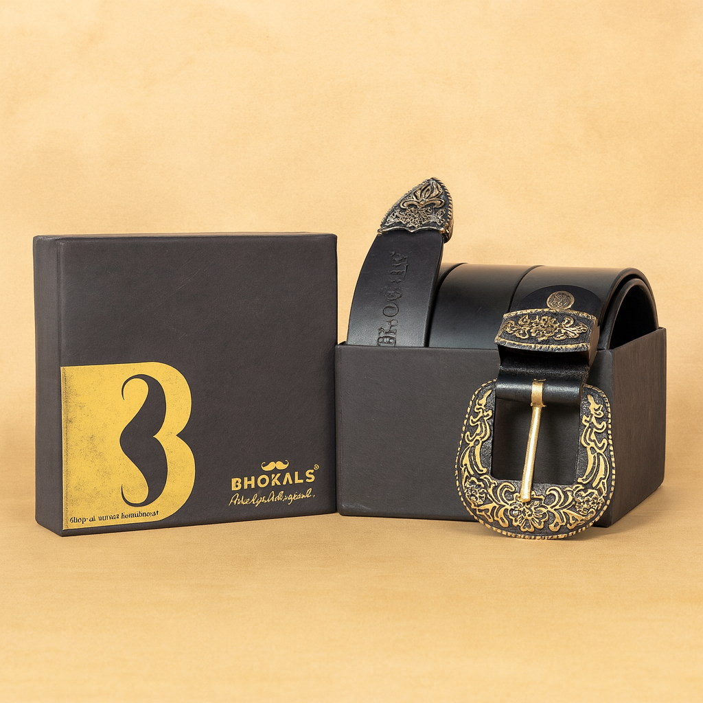 Maharaja Men Golden Buckle Black Leather Belt