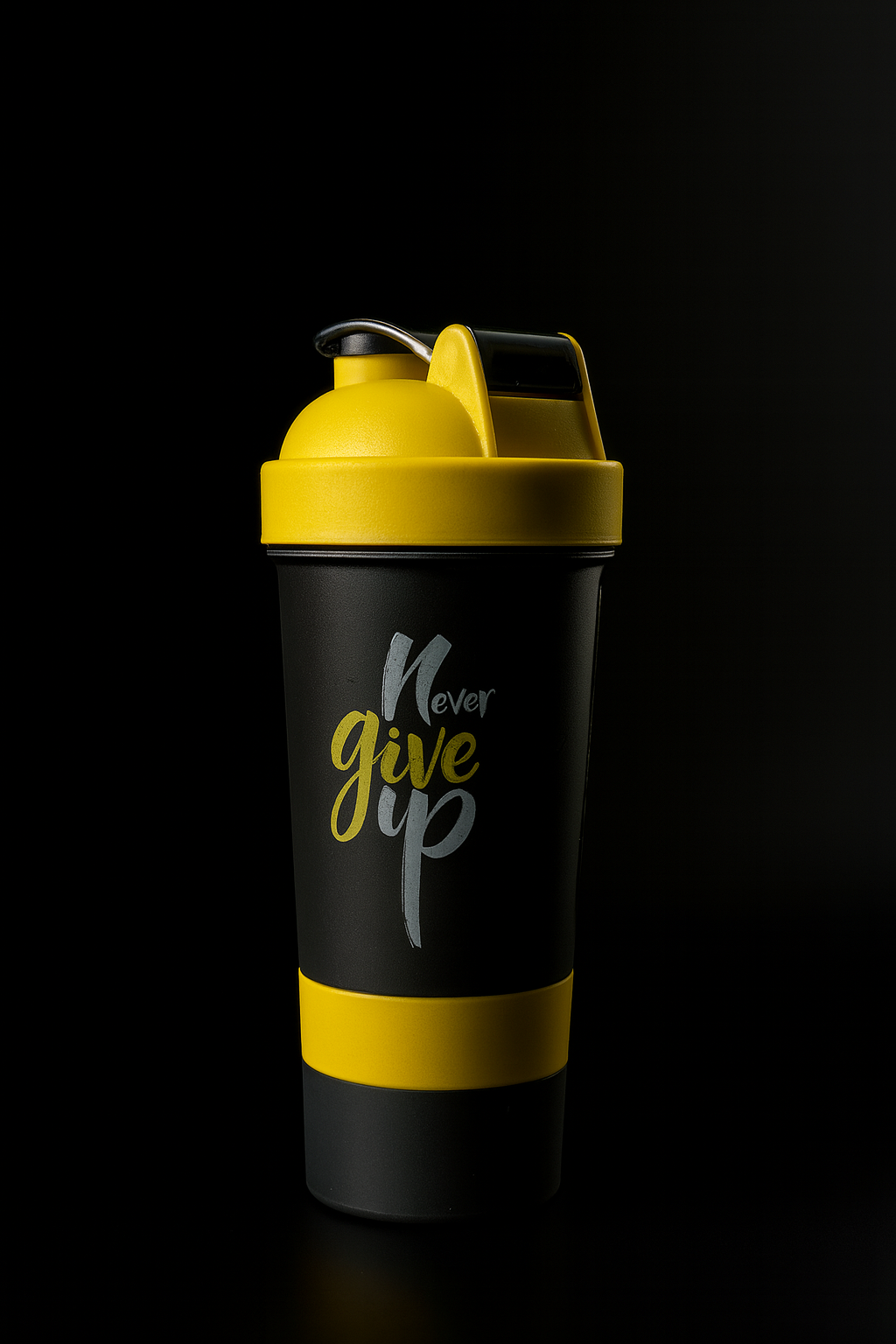 Never Give Up Printed Yellow Black 3 in 1 Gym Shaker