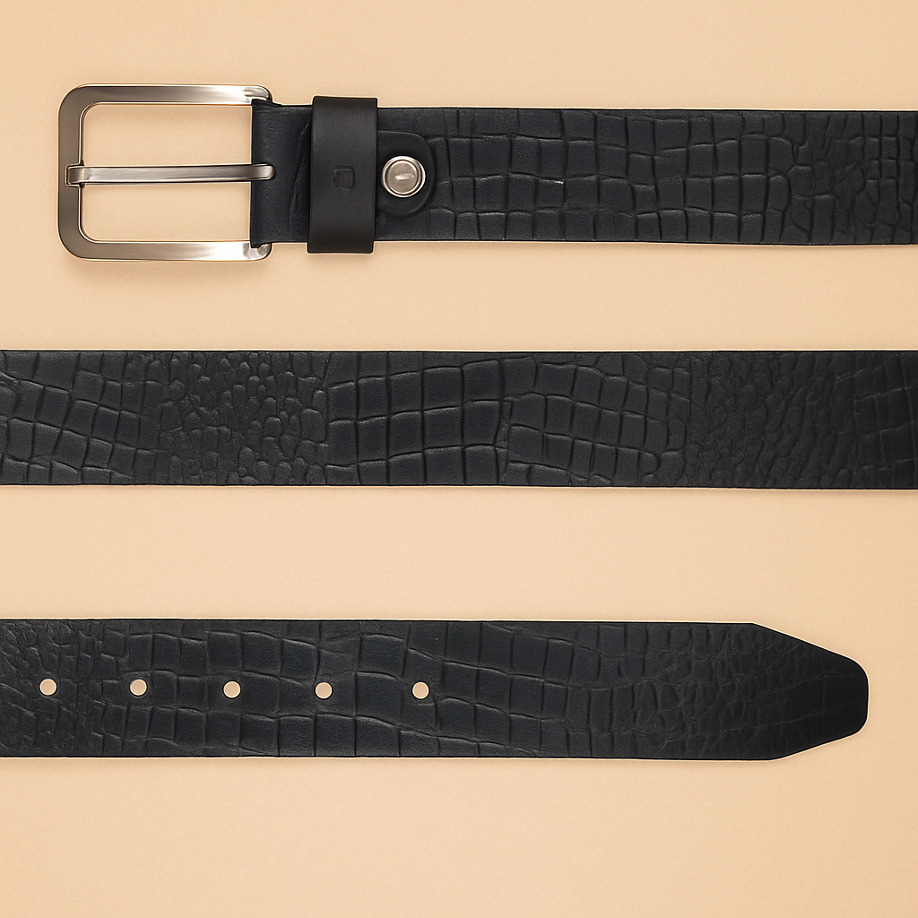 Bhokals Men Black Crocs Texture Leather Belt
