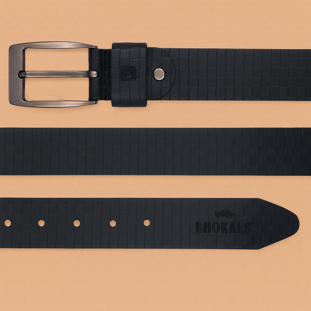 Bhokals Men Black Chess Plub Leather Belt