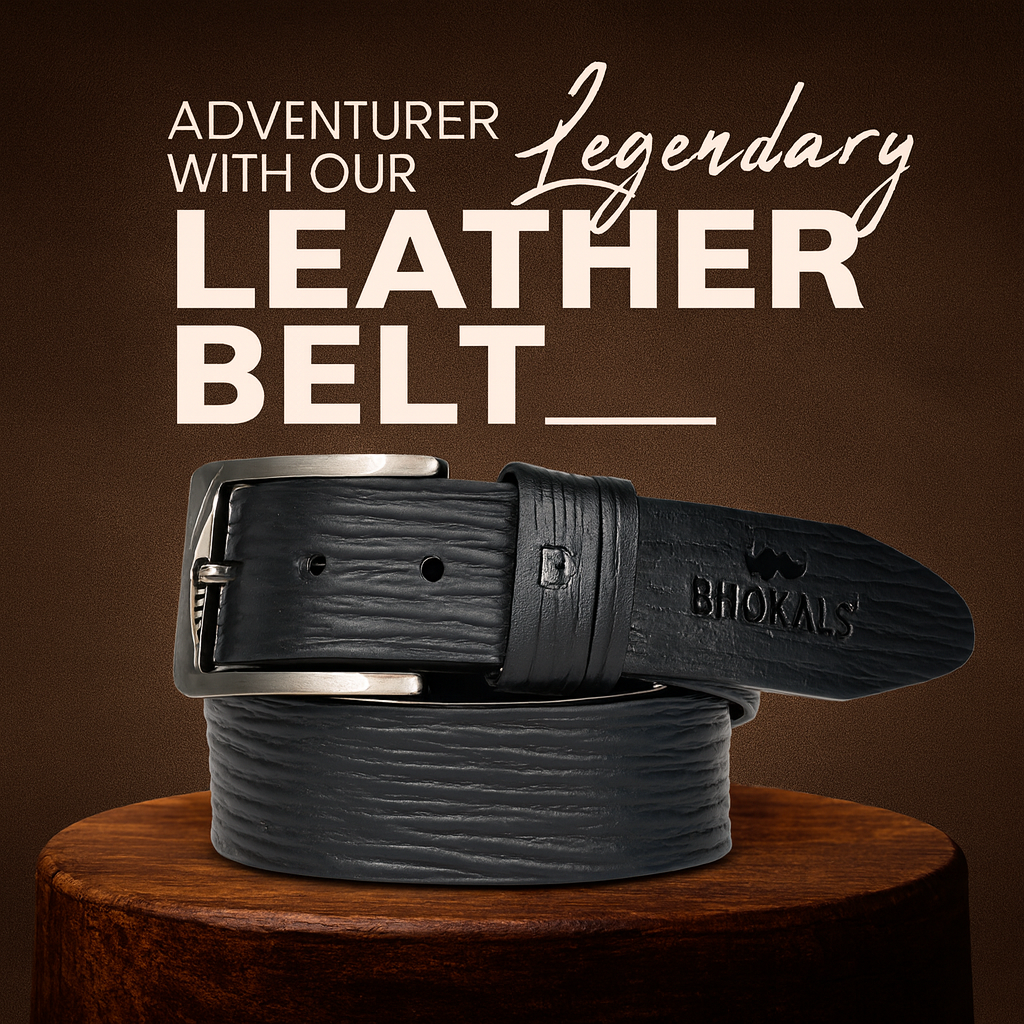 Bhokals Men Black  Wood Texture Leather Belt