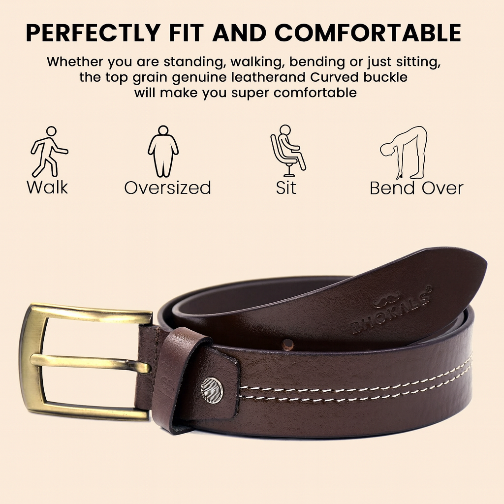 Men Brown Middle Thread Leather  Belt