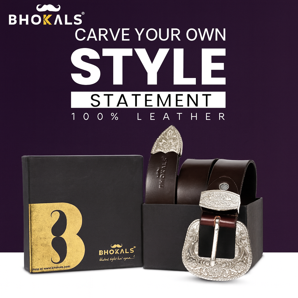 Bhokals Maharaja Men  Silver Buckle  Brown Leather Belt