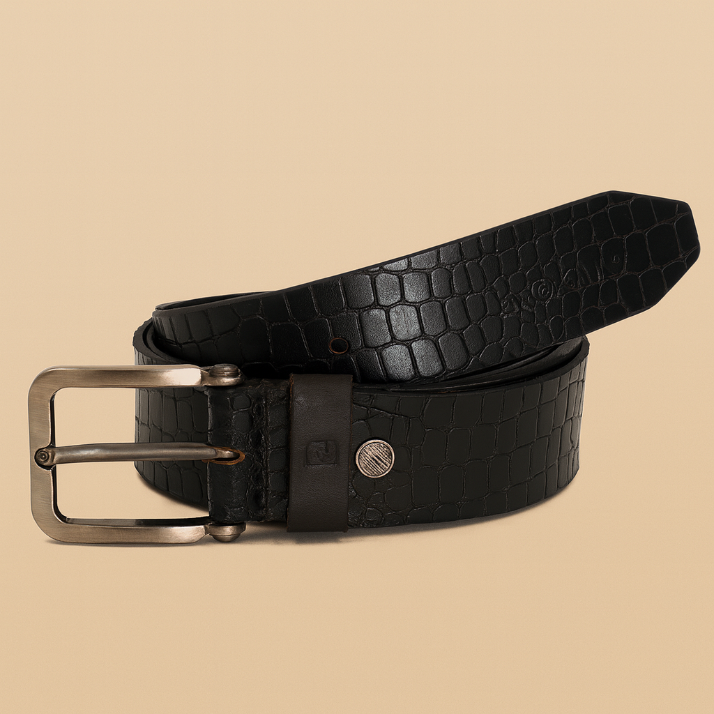 Bhokals Men Black Crocs Texture Leather Belt