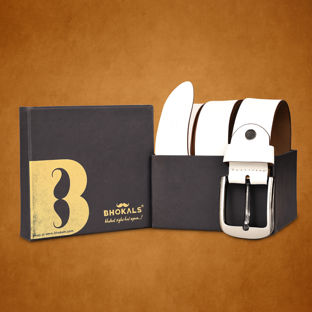 Bhokals Men White Grain Leather Belt