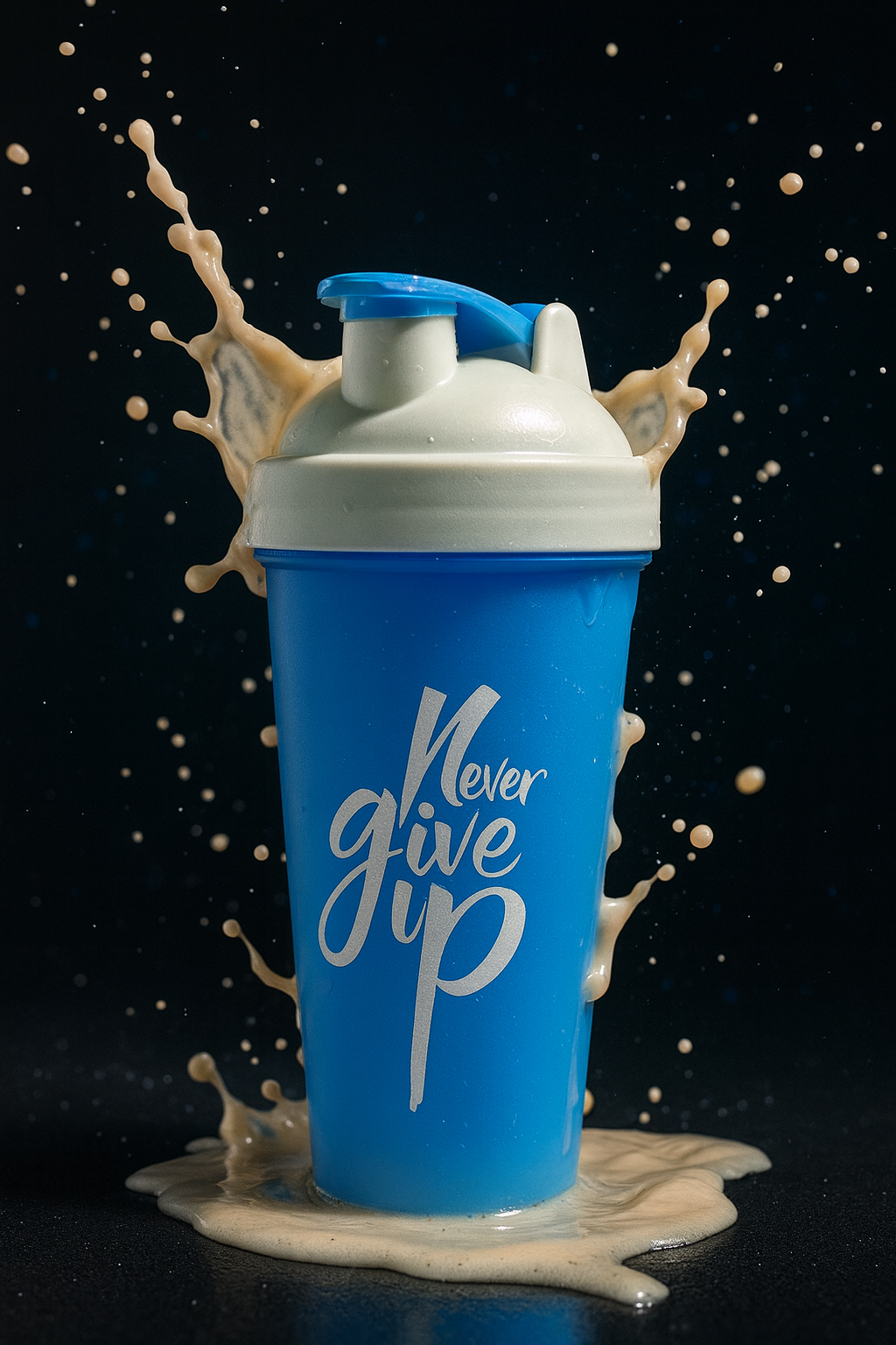 Never Give Up Printed White Blue Gym Shaker