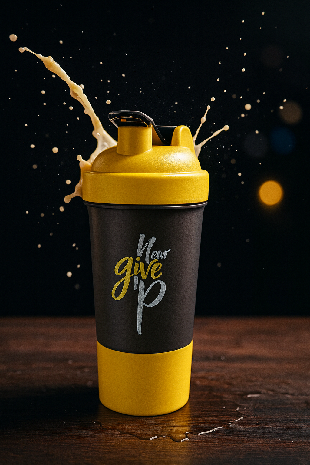 Never Give Up Printed Yellow Black Gym Shaker