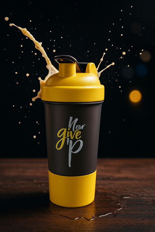 Never Give Up Printed Yellow Black Gym Shaker