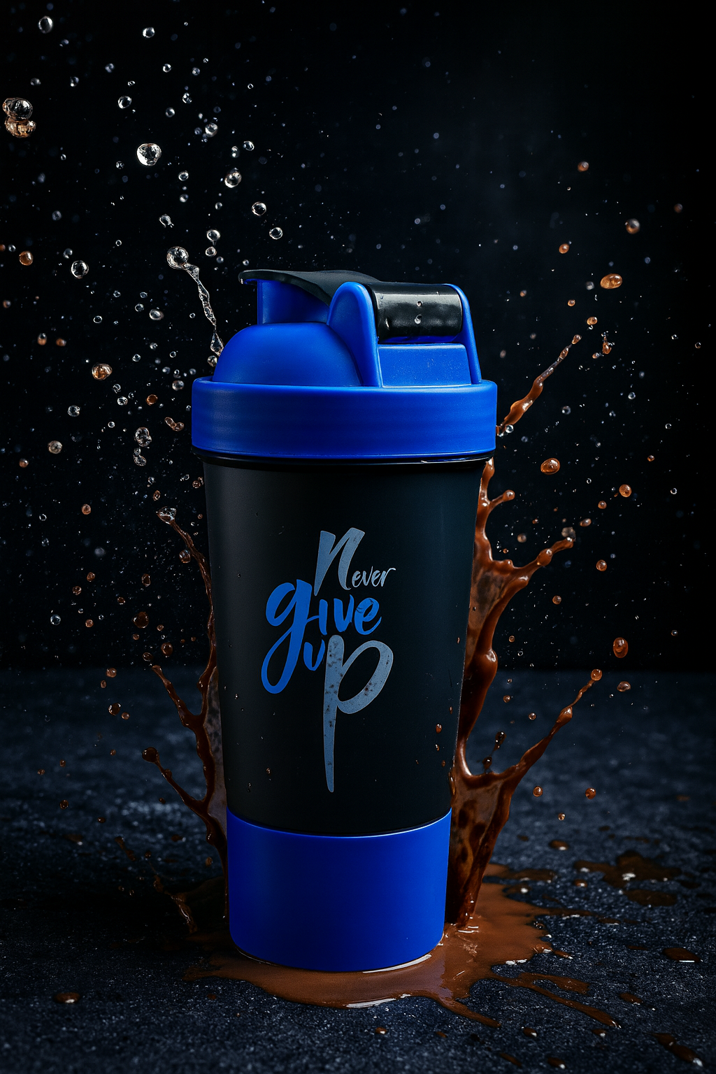 Never Give Up Printed Blue Black Gym Shaker