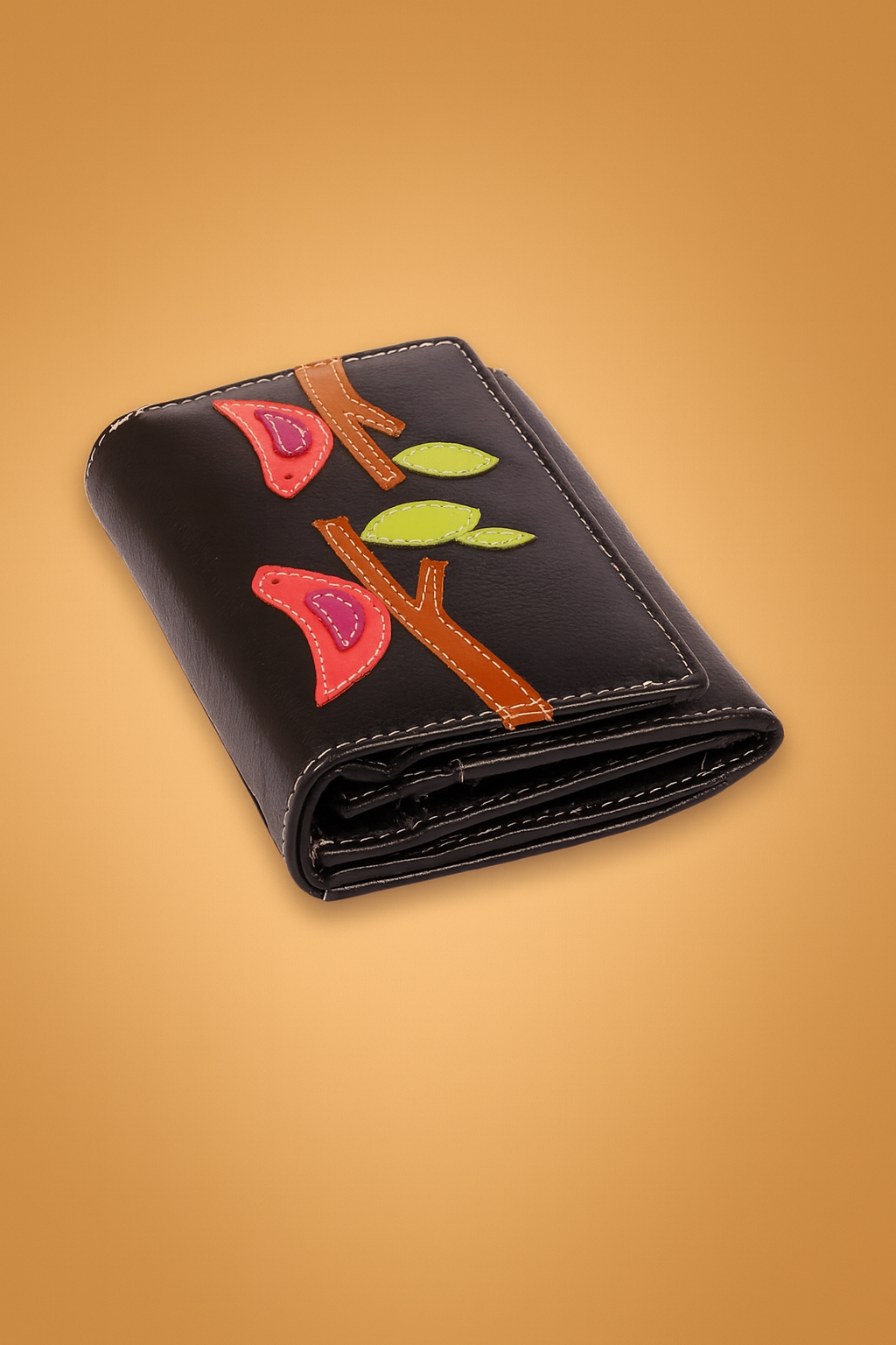 Leather Solid Black Red Bird Women Wallet