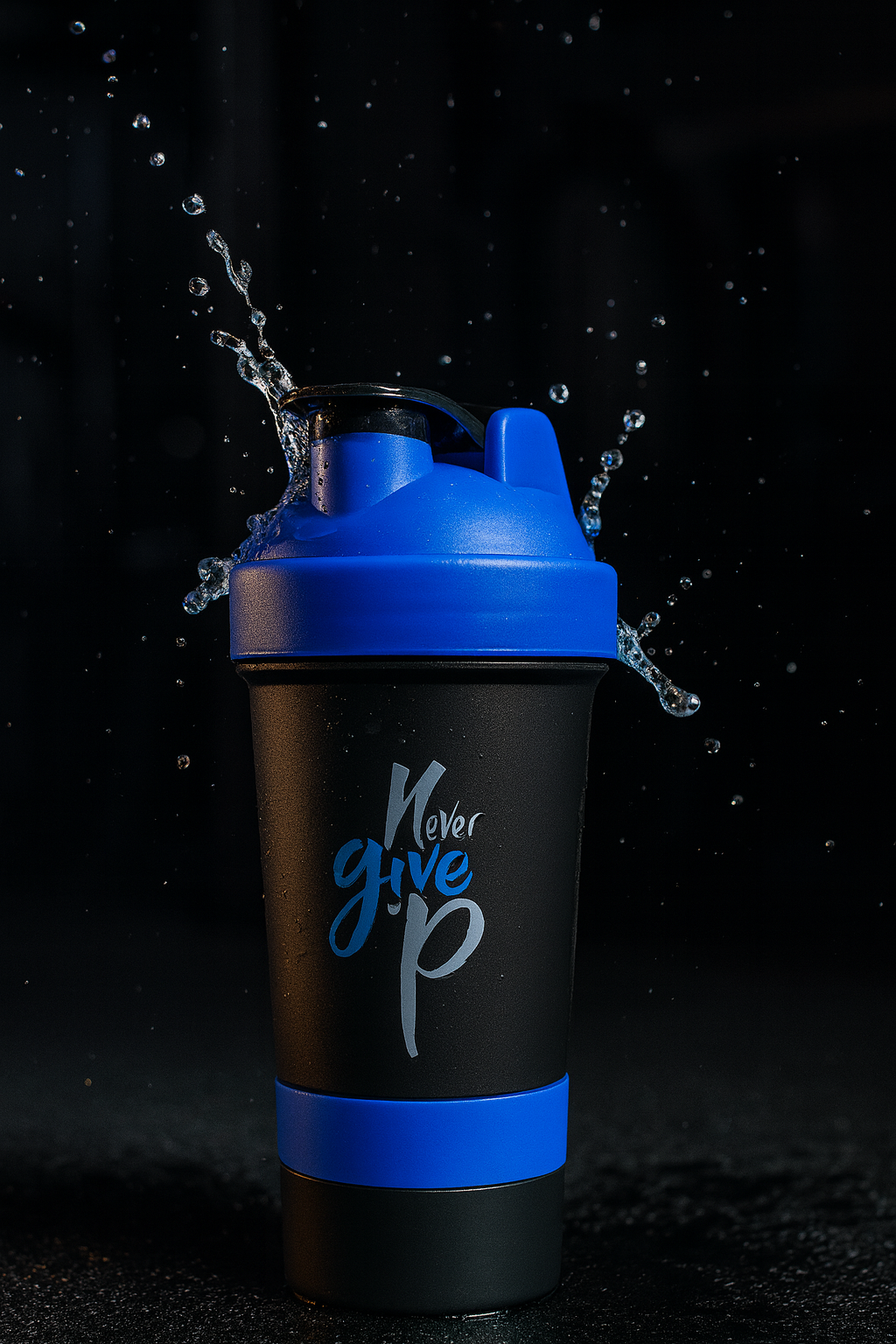Never Give Up Printed Blue Black 3 in 1 Gym Shaker