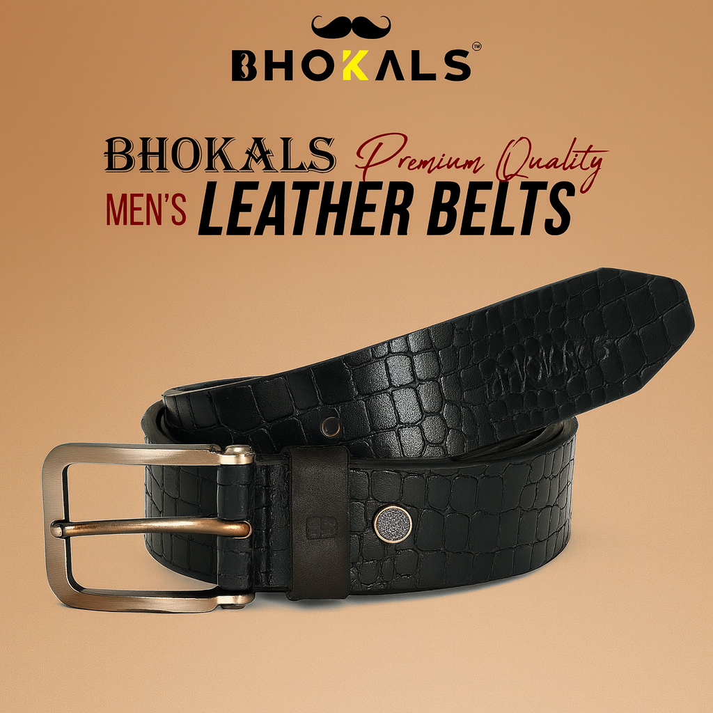 Bhokals Men Black Crocs Texture Leather Belt