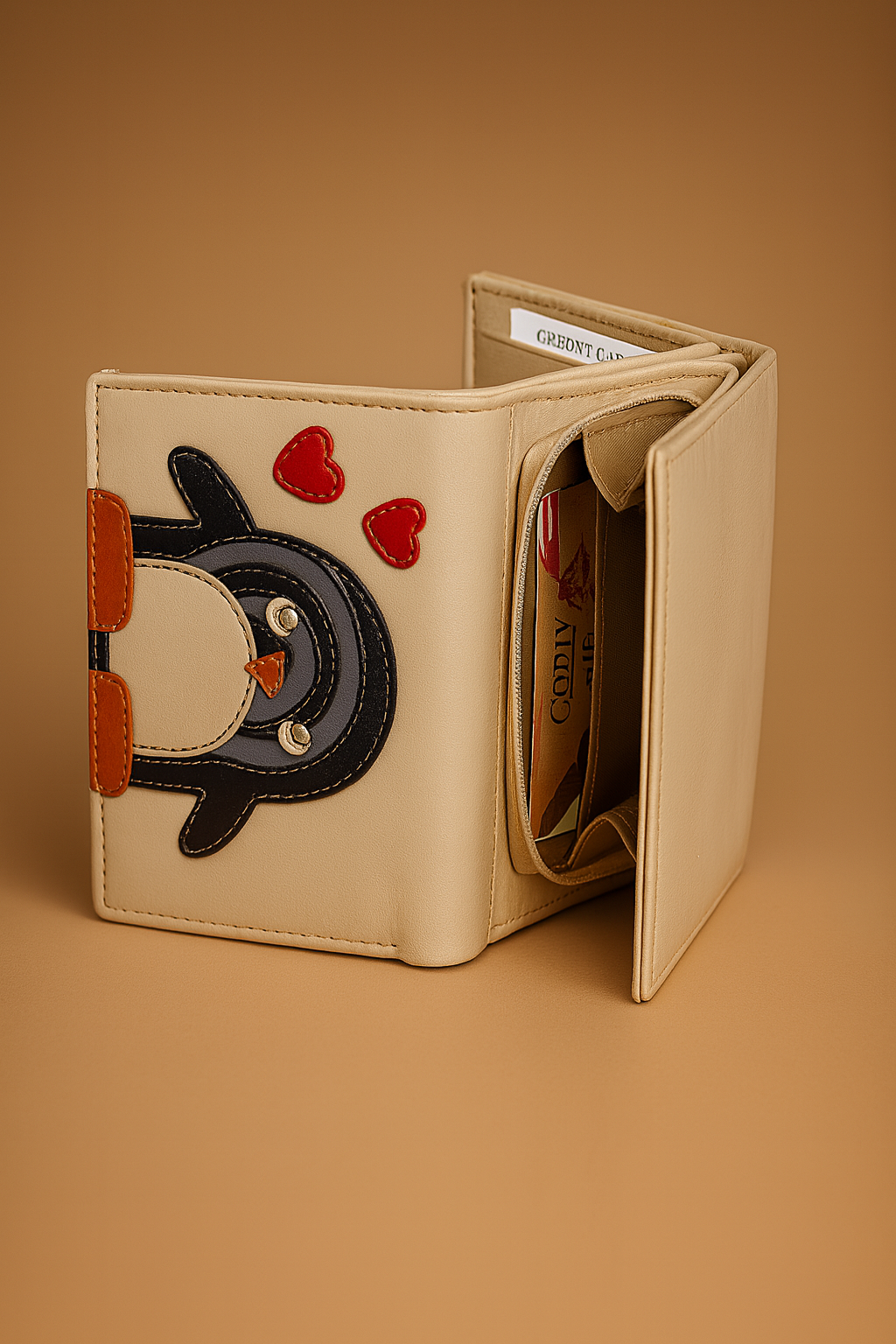 Leather Cream Penguin Women Pocket Wallet