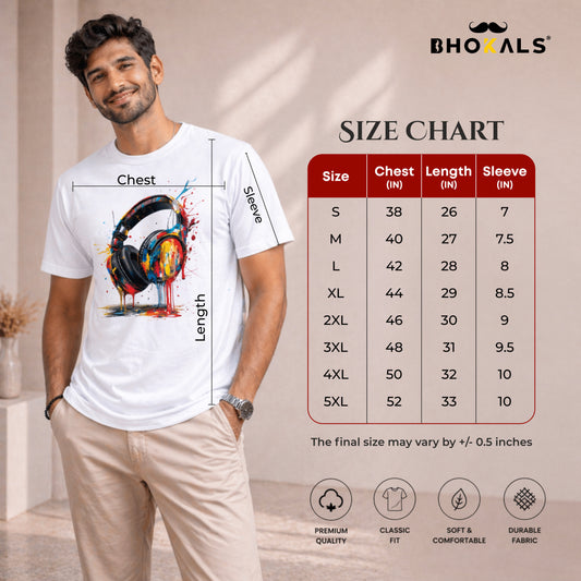 Bhokals "Head Phone Splash" Printed, Round Neck, Cotton, Super Soft T-Shirt,