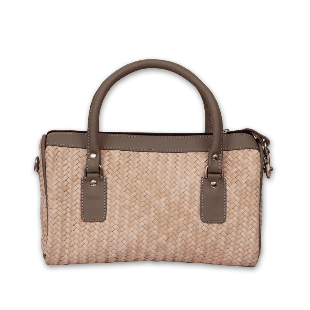 Leather Cream Grey Strip Weave Women Hand Bag