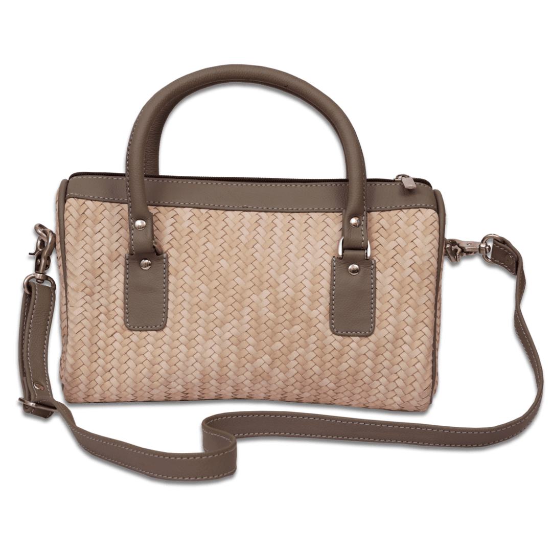 Leather Cream Grey Strip Weave Women Hand Bag