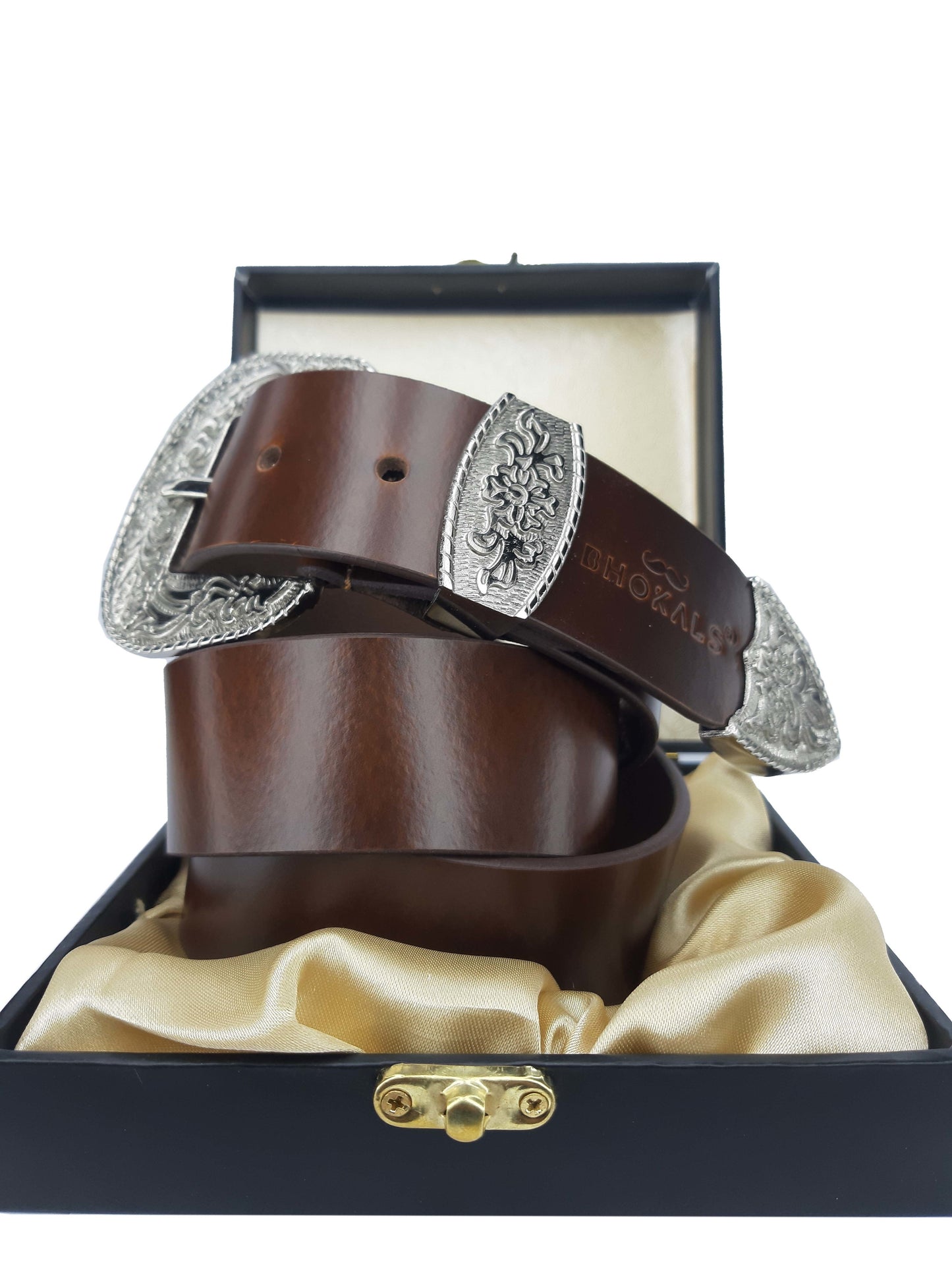 Bhokals Maharaja Men Silver Buckle Brown Leather Belt