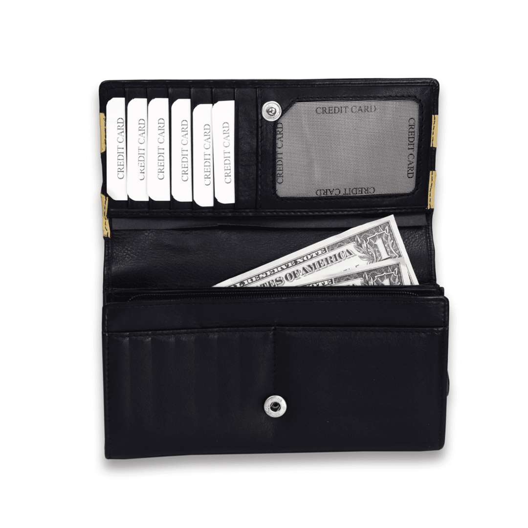 Leather Solid Black Big Flower Women Wallet