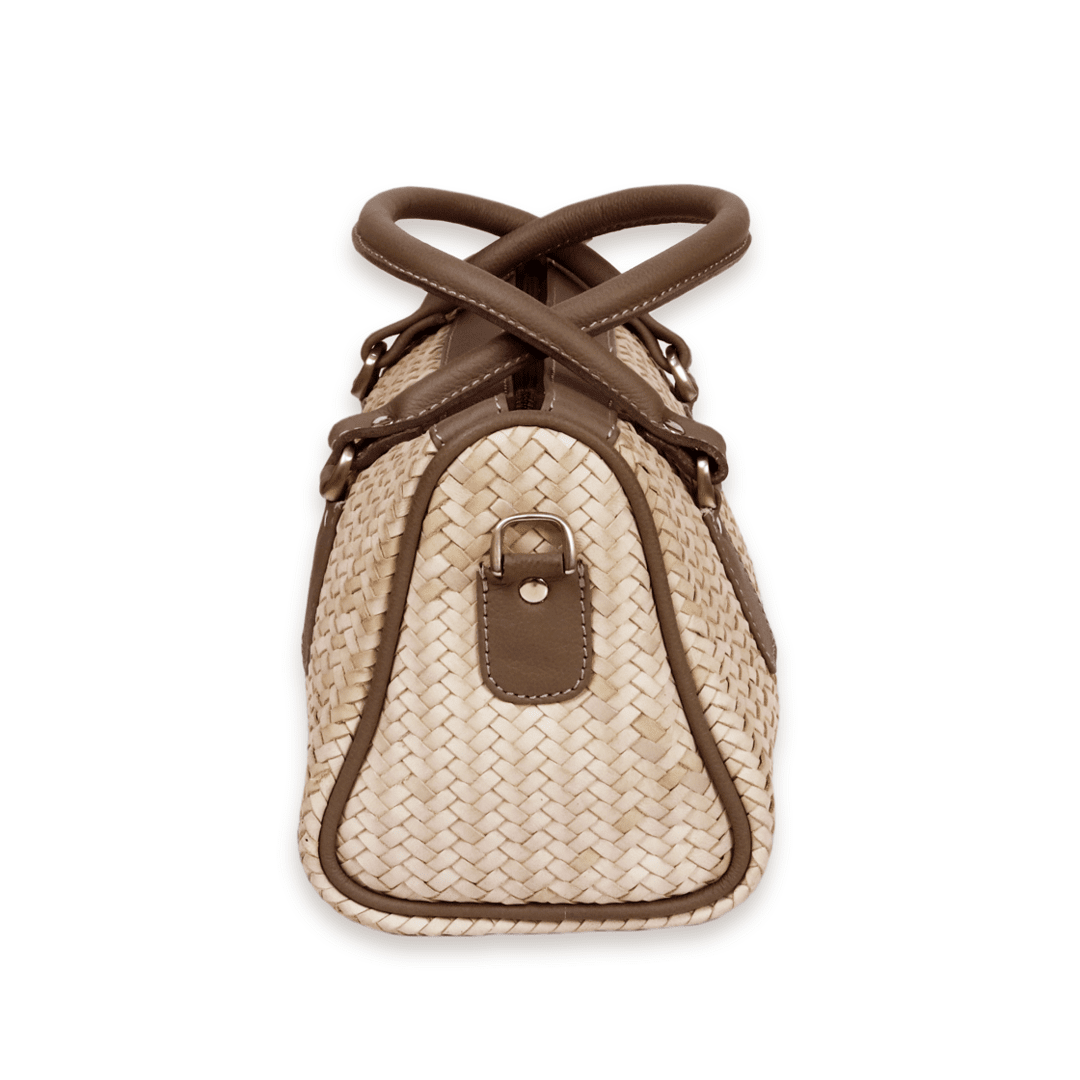 Leather Cream Grey Strip Weave Women Hand Bag