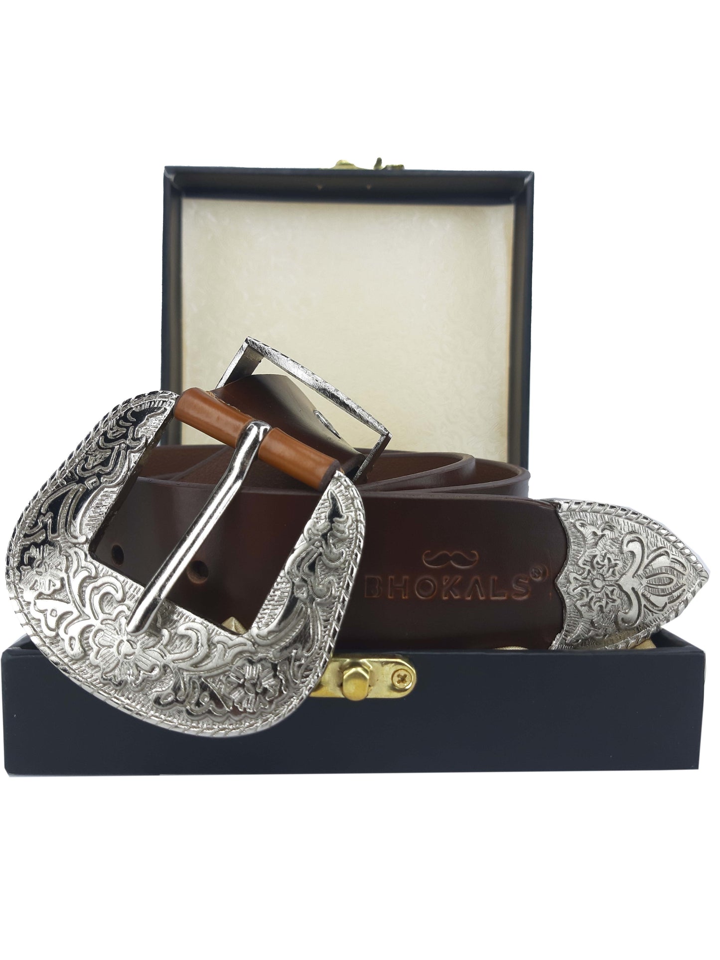 Bhokals Maharaja Men Silver Buckle Brown Leather Belt