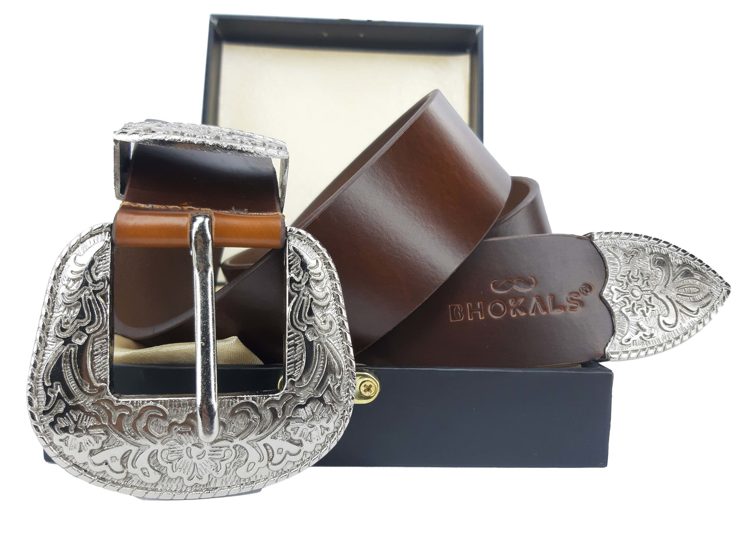 Bhokals Maharaja Men Silver Buckle Brown Leather Belt