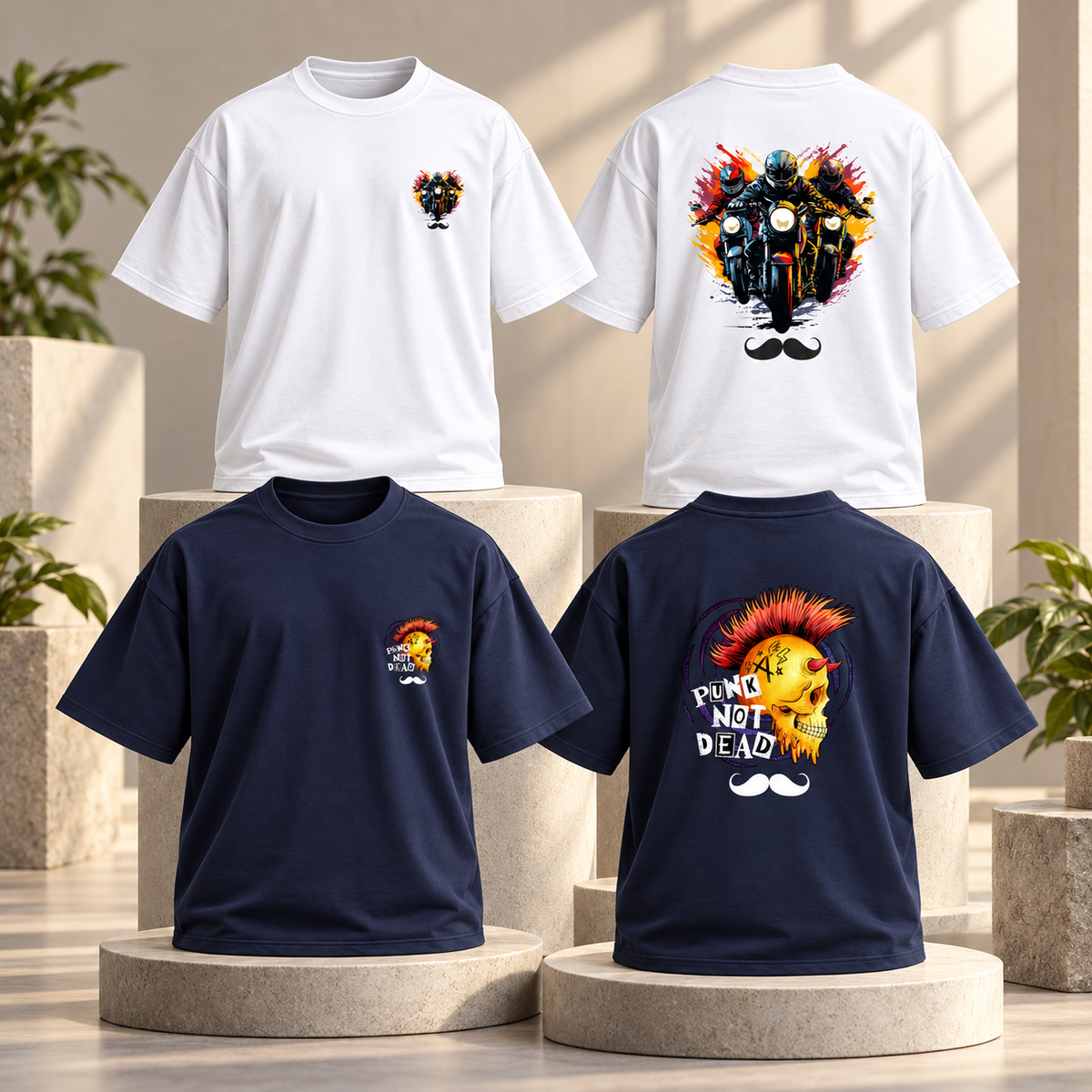 BHOKALS Men's Oversized Printed T-Shirt Combo Pack of 2 – White Biker & Blue Punk Graphic Tees